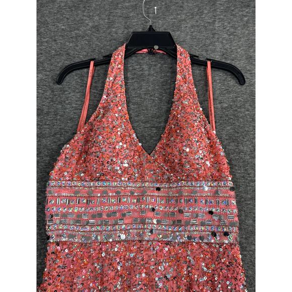 Scala Vintgae 90's Y2K Halter Mini Dress Size 10 Pink Beaded Sequin Silk - Picture 3 of 5